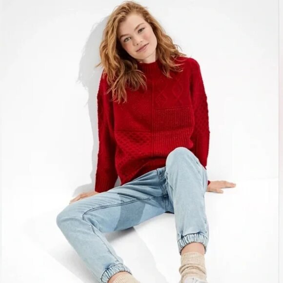American Eagle Red Cable Knit Soft & Cozy Mock Neck Mixed Stitch Sweater Medium - Picture 1 of 4